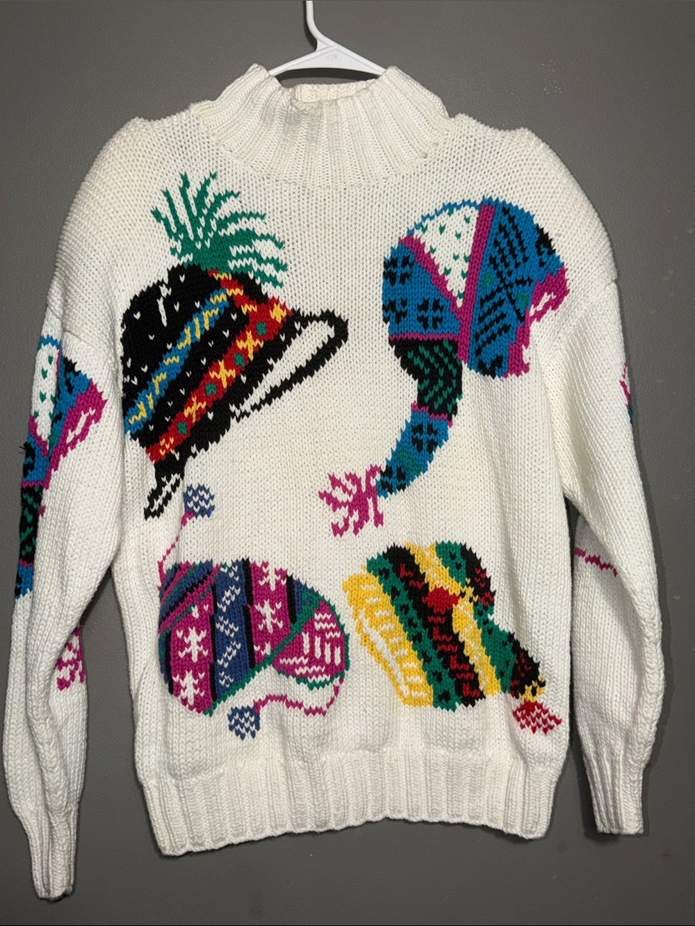 Vintage Sport Obermeyer Ski Hat Novelty Knit Sweater 80s 90s Winter Mock Neck M